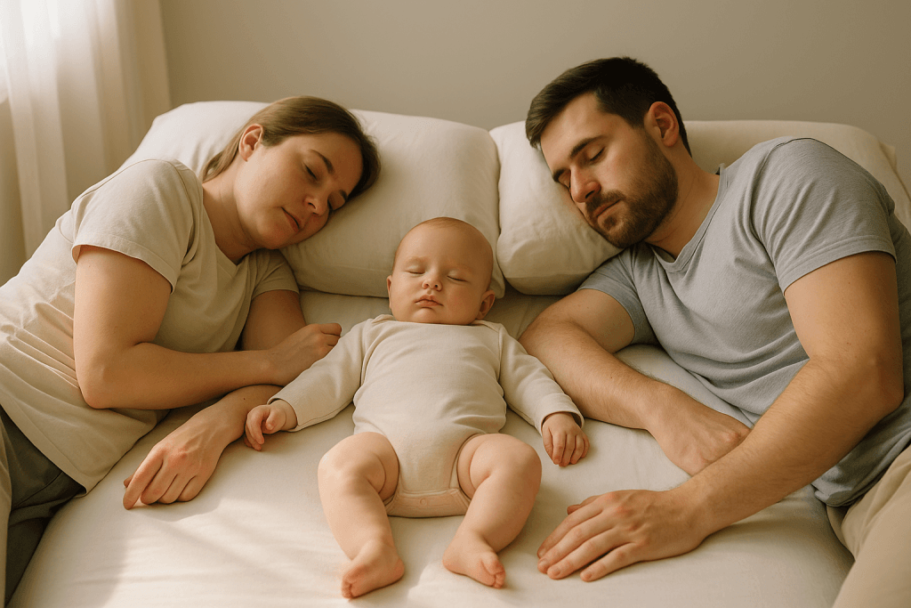 Young parents and their baby sleeping peacefully on a firm mattress in soft morning light, illustrating safe co‑sleeping.